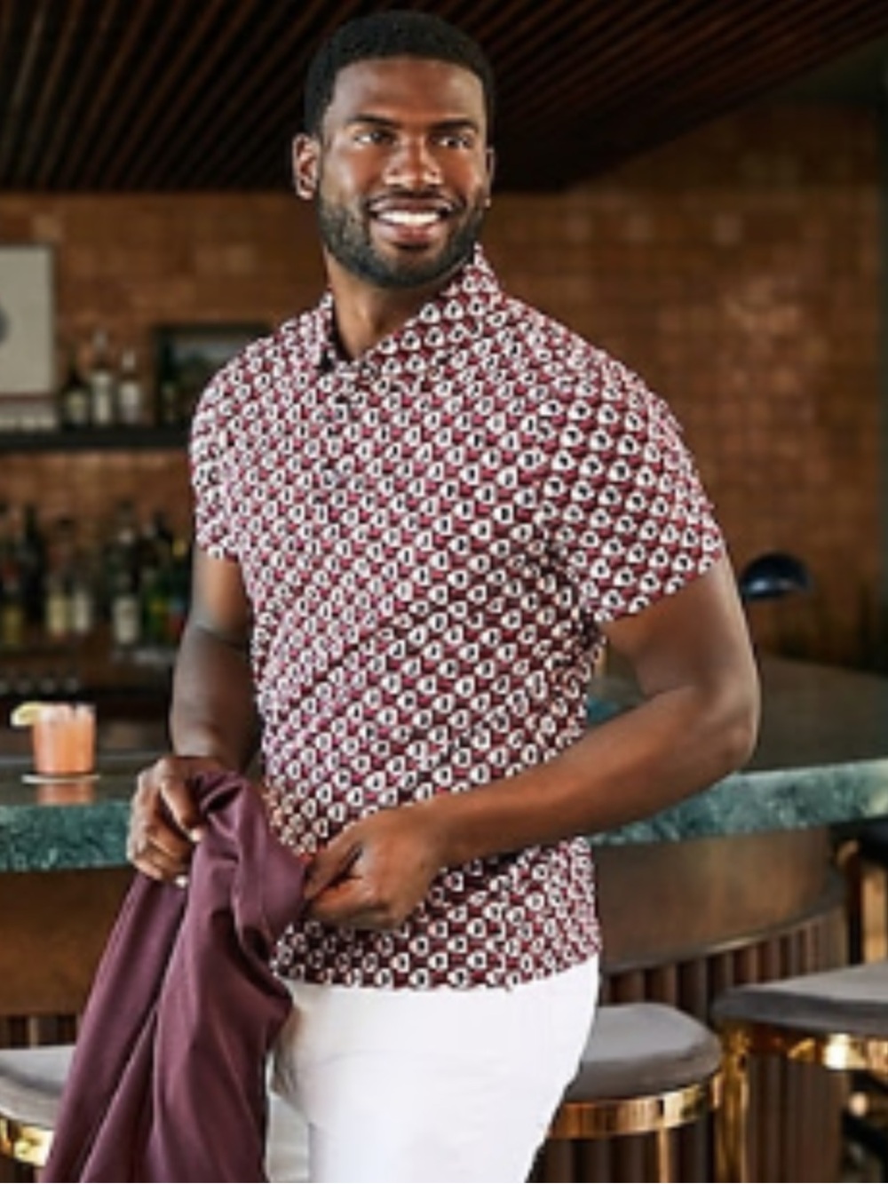 Express Men's Short Sleeve Geometric Polo - Burgundy, Black, White